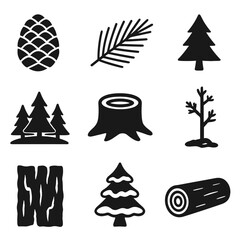 Pine Tree Icon Set. Solid, filled icons set of pine trees: pine cone, pine needle branch, pine tree silhouette