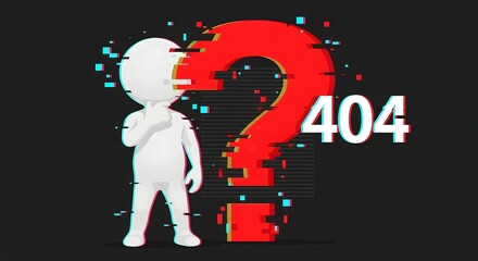 Confused character pondering a glitching red question mark and "404" error message on dark background, symbolizing digital confusion or lost data.