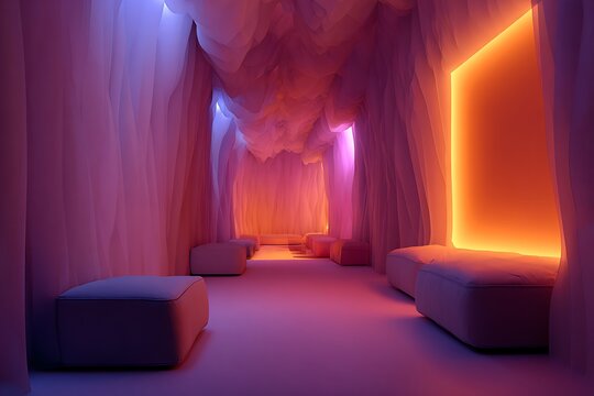 Discover a serene, modern lounge bathed in vibrant purple and orange hues, offering a unique, calming ambiance for relaxation or creative inspiration