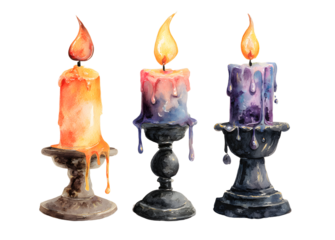 Three watercolor candles with melting wax and burning flame on different vintage candle holders. Ideal for Halloween decor, witchcraft themes, and mystical compositions.