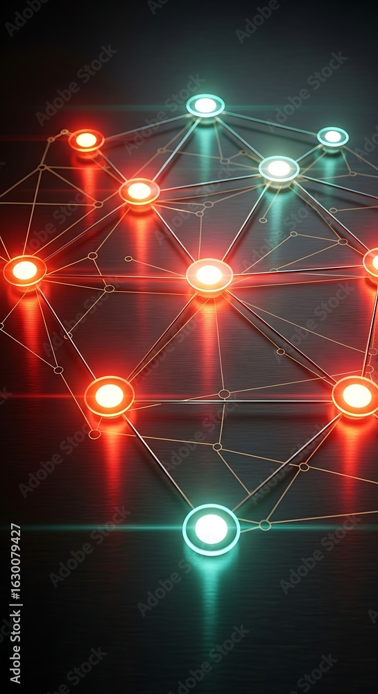 Poster abstract network structure with glowing nodes connected by lines in a futuristic digital grid