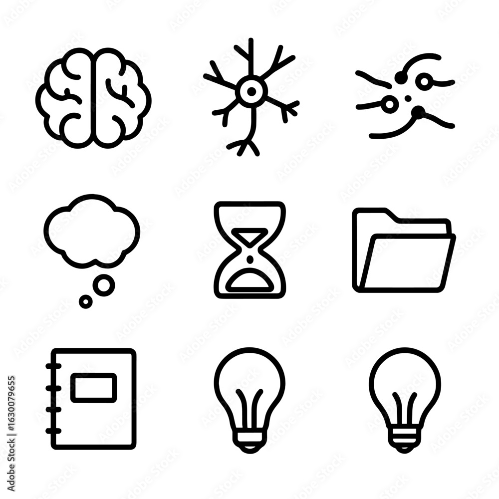 Poster memory icons collection. outline icon set of human memory concepts: brain, neuron, synapse, memory c