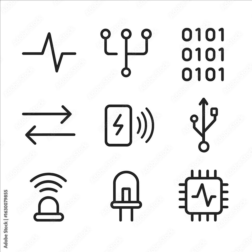 Poster electronic signal icons. outline icon set of electronic signals: electric pulse, circuit signal, bin