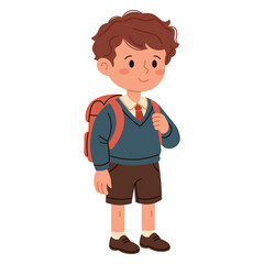Flat style illustration of a smiling schoolboy with a backpack, wearing a uniform, ideal for educational materials, children s designs, and back-to-school projects