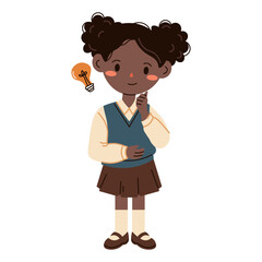 Flat style illustration of a thoughtful schoolgirl with a light bulb above her head, perfect for educational content, idea generation, and children's creative projects.
