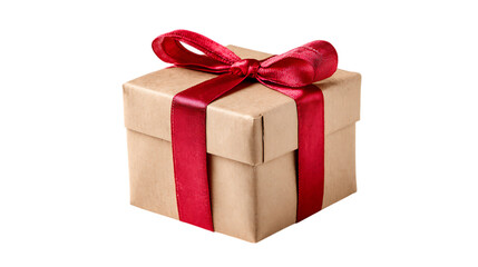 Obraz premium A small, square gift box wrapped in plain kraft paper and tied with a vibrant red satin ribbon tied into a bow on top.