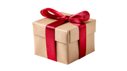 A small, square gift box wrapped in plain kraft paper and tied with a vibrant red satin ribbon tied into a bow on top.
