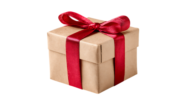 A small, square gift box wrapped in plain kraft paper and tied with a vibrant red satin ribbon tied into a bow on top.