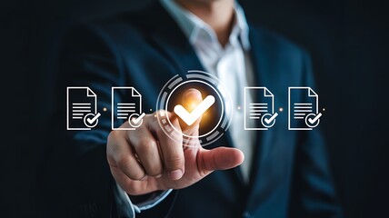 Businessman s finger touching a digital interface with multiple document icons and checkmarks indicating approval and completion of tasks