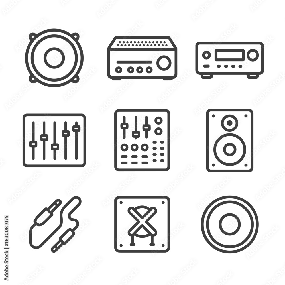 Poster midrange audio icon set. outline icon set of midrange audio equipment: midrange speaker, amplifier, 