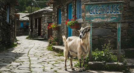 A goat stands in front of a guesthouse in a rural village, surrounded by stone buildings and mountain scenery, creating a peaceful and traditional travel destination