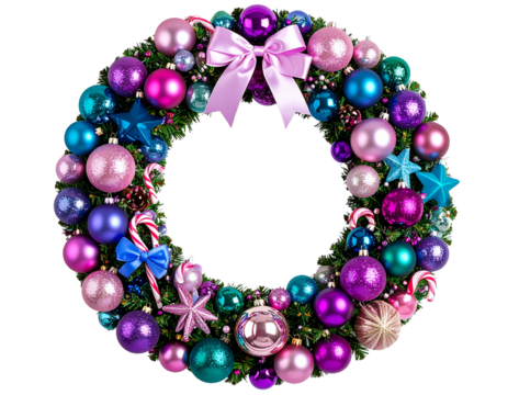 Playful Multicolor Bauble Wreath with Candy Canes and Stars – Transparent PNG