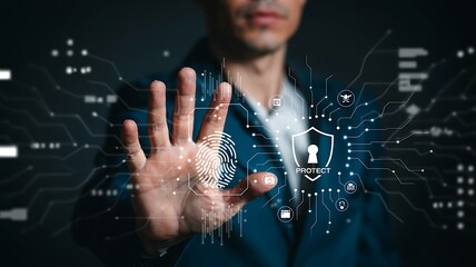 A person s hand reaching out with a digital security shield and fingerprint overlay symbolizing cyber protection and data privacy