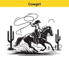 Naklejka premium Wild West Cowgirl Ride – T-Shirt Graphic Design. 