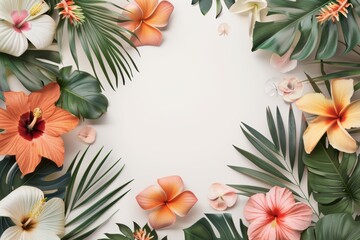 Tropical Floral Arrangement with Leaves on Neutral Background