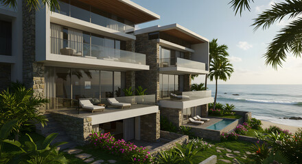 Fototapeta premium Beachfront villa luxury resort ocean view property tropical paradise architecture design real estate travel destination
