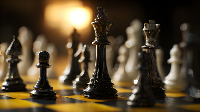 Sunlit win-lose strategy chess board with chess pieces on chessboard game play
