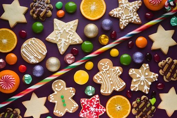 Festive Christmas treats and decorations arranged in a vibrant flat lay pattern