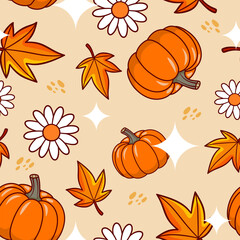 Maple pumpkin and flowers in Fall theme seamless pattern for background 
