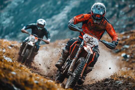 Motorcyclists performing stunts on a dirt track under the open sky. Off-road challenge with mud, motion, and shared joy in every turn.


