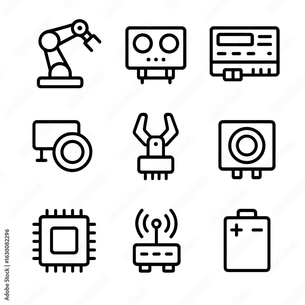 Poster Modular Robotics Icons. Outline icon set of modular robotics: robot arm, sensor module, control unit, battery pack, wheel module,
