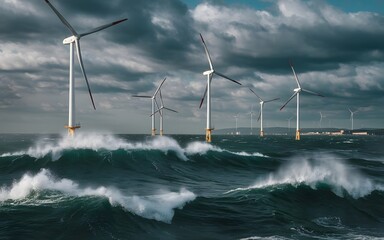 Majestic offshore wind turbines stand tall against dramatic stormy seas and crashing waves