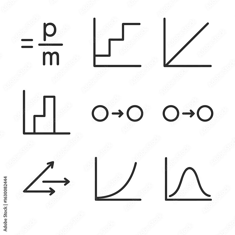 Poster momentum graph icons. outline icon set of momentum graphs and formulas: momentum formula, impulse gr