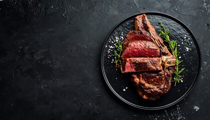 Sliced Ribeye Steak on Dark Plate with Herbs