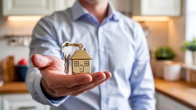 Man holding a golden house shaped keychain with keys in his outstretched hand symbolizing home ownership and real estate success