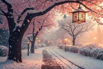 Snowy cherry blossom path with lanterns winter trees