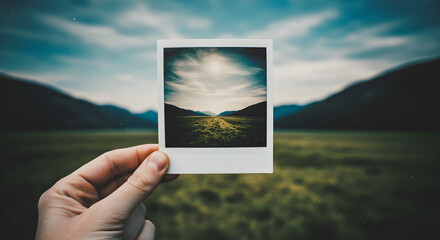 Hand holding a polaroid photo of a beautiful landscape with mountains, field, and cloudy sky, capturing the essence of nature, travel, and outdoor adventure