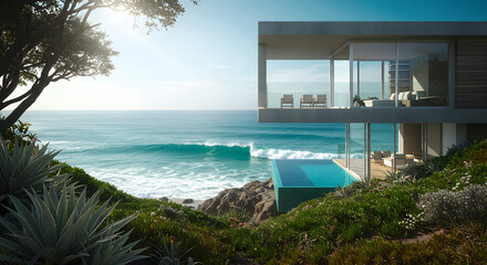 Fototapeta premium Oceanfront villa luxury home design modern architecture coastal living seaside residence vacation rental escape