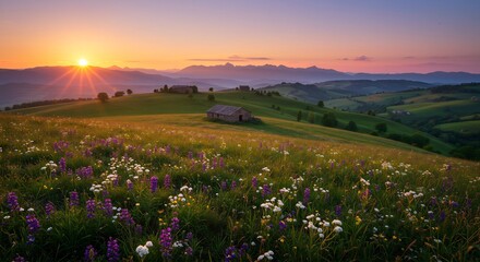 Obraz premium Picturesque Sunset Over a Meadow of Wildflowers with Rustic Stone Buildings in a Mountainous Landscape
