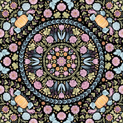Garden mandala seamless pattern with watercolor flowers and vegetables on black background.