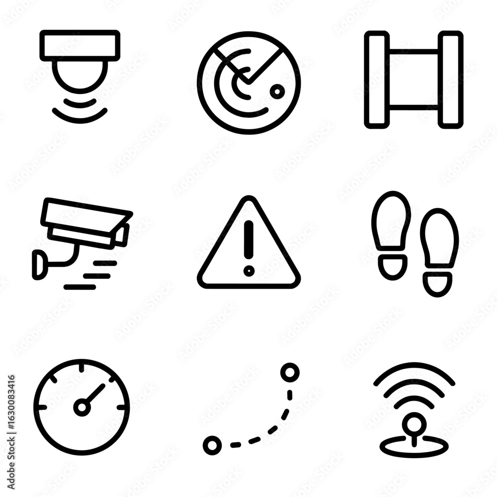 Poster motion detection icons. outline icon set of motion detection: motion sensor, radar, infrared beam, c