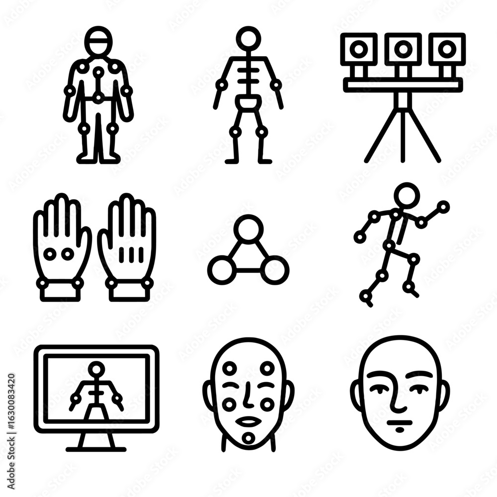 Poster motion capture icons. outline icon set of motion capture technology: motion capture suit, sensors, 3