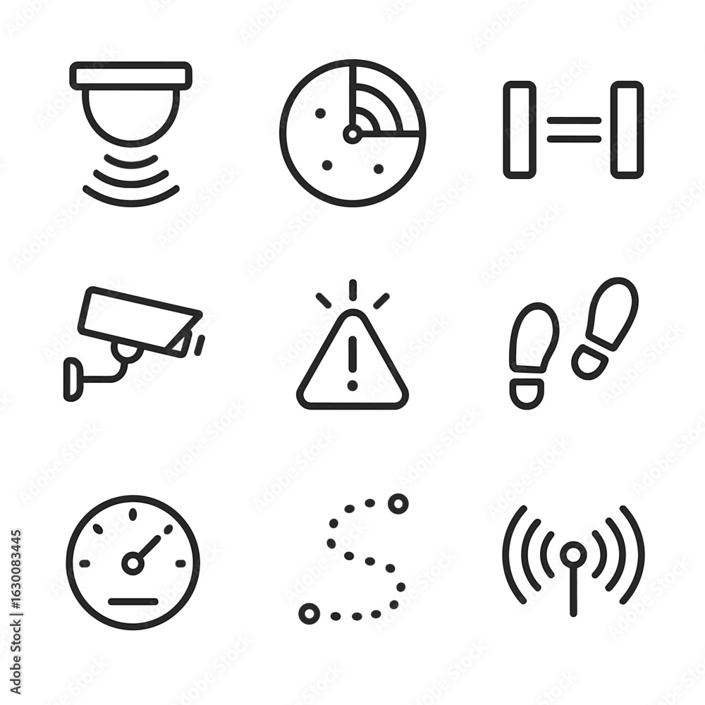 Poster motion detection icons. outline icon set of motion detection: motion sensor, radar, infrared beam, c