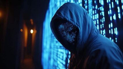 Hacker hoodie digital mask glowing blue light code technology cyber dark corridor mysterious intense atmosphere cybercrime data protection futuristic cyber attack binary security night cyber threat - Powered by Adobe