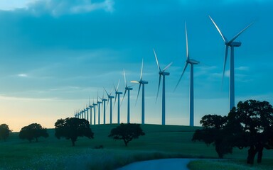 Row of wind turbines on a grassy hill at dusk with a calm river in the foreground