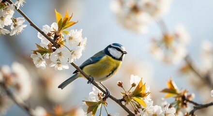 Obraz premium Beautiful Close-up of a Blue Tit Perched on a Cherry Blossom Branch with Soft Bokeh Background