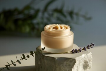Natural organic cream in a glass jar with dried lavender and eucalyptus on a stone pedestal