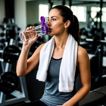 Focused female drinking water while training indoors