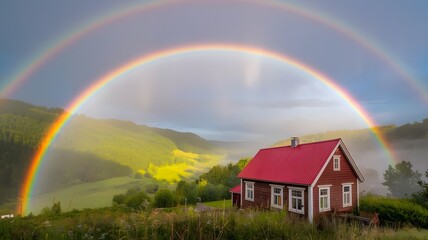 Charming red house nestled in a valley beneath a vibrant double rainbow after a storm
