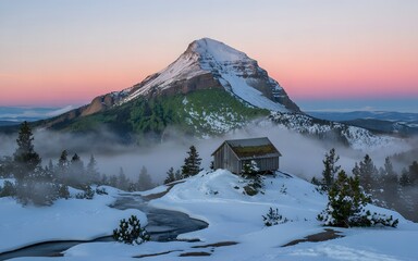Cozy wooden cabin nestled on a snowy mountain slope at sunrise