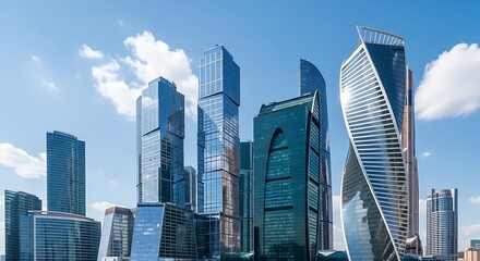 Fototapeta premium Modern skyscrapers against a clear blue sky.