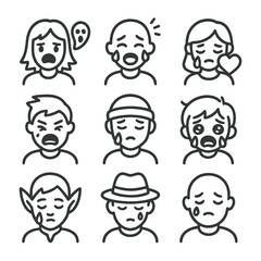 Movie Cry Icon Set. Outline icon set of cry in movies genres: horror cry, comedy tears, romance cry, action film scream, thriller