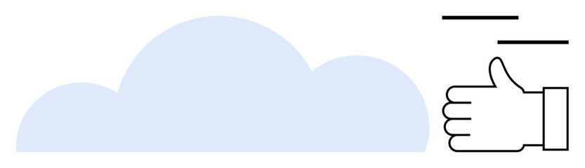 Light blue cloud symbol accompanied by a thumbs-up gesture and motion lines. Ideal for technology, approval, speed, cloud storage, efficiency, digital innovation, simple landing page