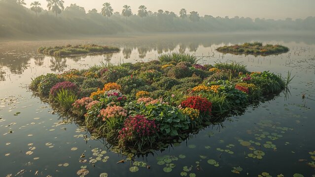 An island covered in flowers floating in a lake under a misty sky with palm trees in the background
