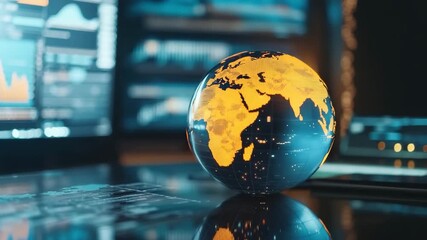 Digital globe with illuminated continents reflective surface futuristic office environment showing data and technology screens, evoking innovation and global connectivity through advanced digital - Powered by Adobe