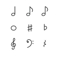 Music Notation Icons. Outline icon set of music notes: quarter note, eighth note, half note, whole note, sharp, flat, treble clef,